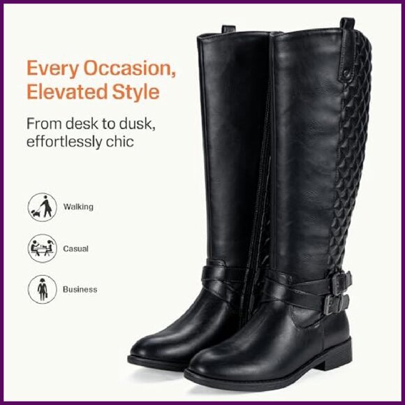 Women's Knee High Riding Boots Low Heel Wide Calf Vegan Leather - Picture 5 of 8